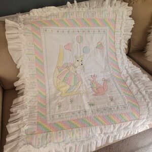 Vintage 1980s Handmade Kangaroo Quilted Crib Blanket Eyelet 41x50 Baby